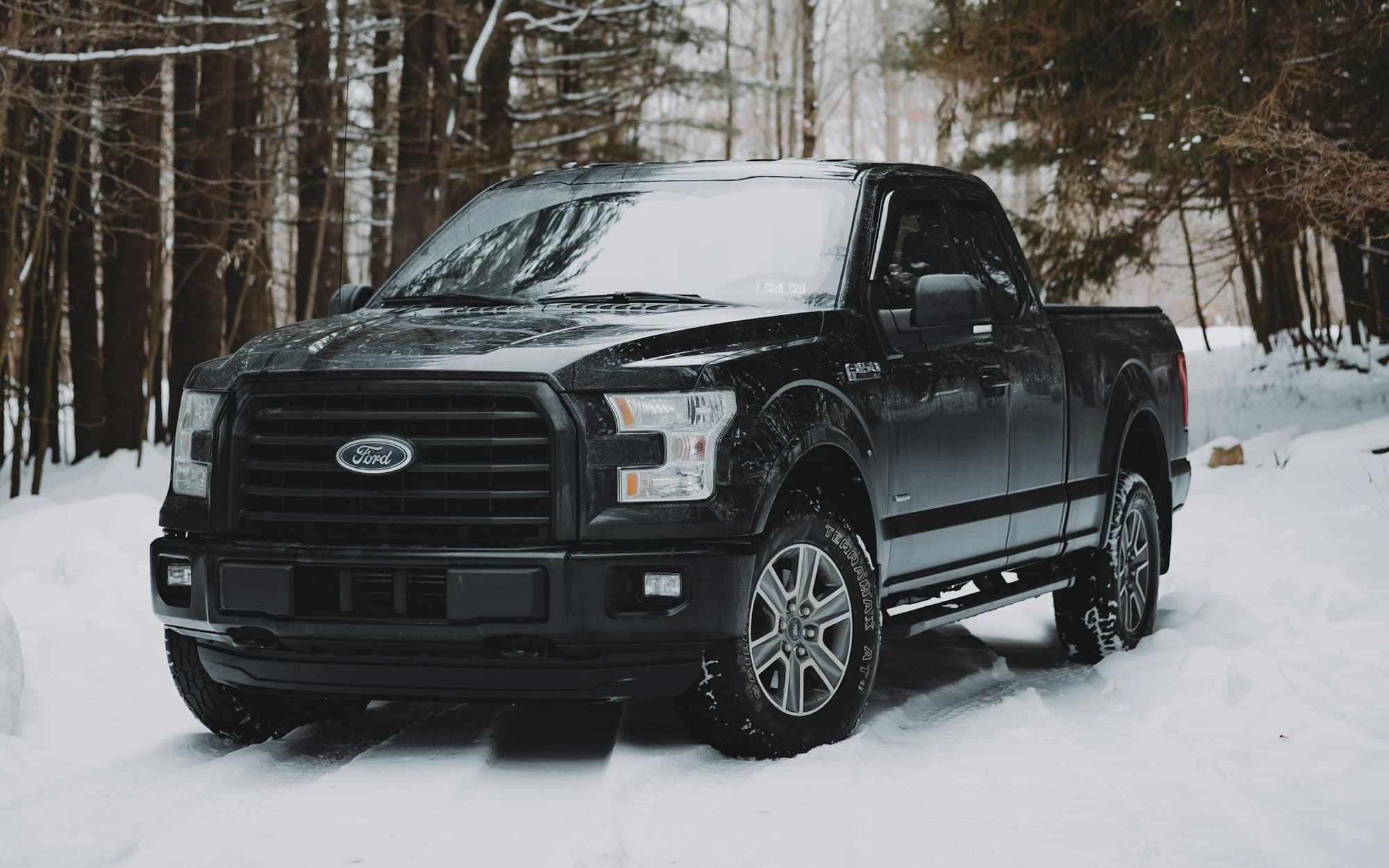 A black 13th-generation Ford F-150 SuperCab parked on a snowy forest road